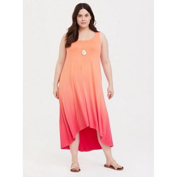 Torrid Super Soft Hi-Low Sleeveless Ombre Coral Dip Dye Maxi Dress 0X Large Boho - Picture 1 of 11